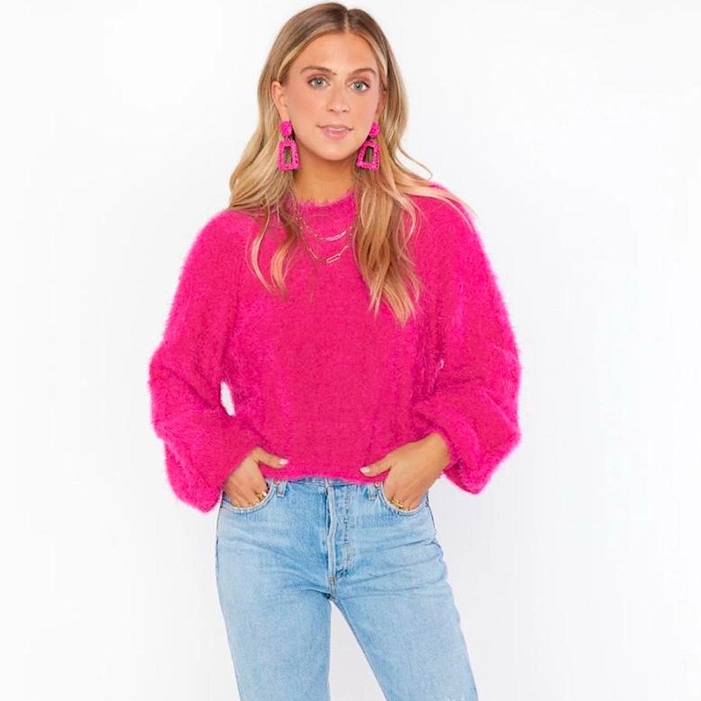 Show Me Your Mumu Vienna Sweater Hot Pink Fuzzy Mock Neck Barbiecore Size Small